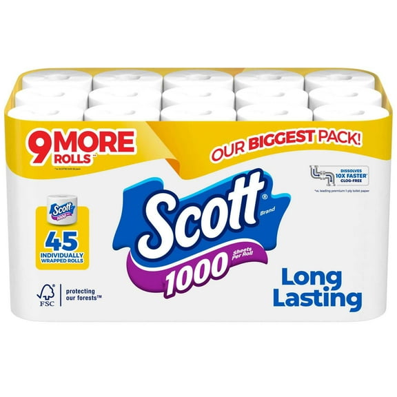 Scott 1000 1-Ply Toilet Paper 45 rolls, 1,000 sheets/roll