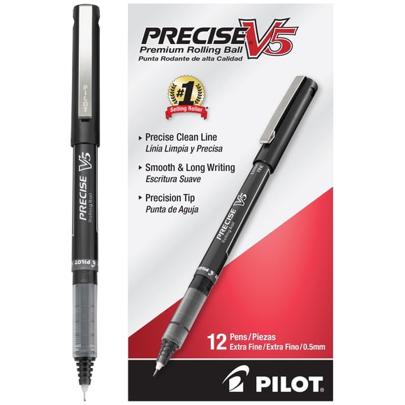 Pilot Precise V5 Rolling Ball Pens, Extra Fine, 0.5mm, Black Ink, 12 Count