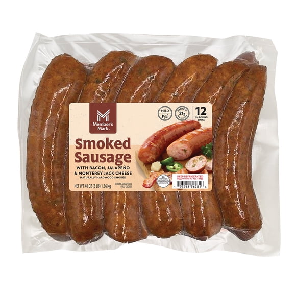 Member's Mark Smoked Sausage Made with Bacon, Jalapeno & Monterey Jack Cheese, 4 oz., 12 ct.