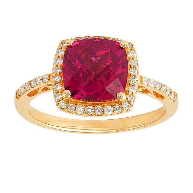 Cushion Cut Created Ruby Ring with Diamonds in 14K Gold