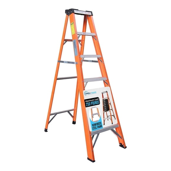 Simpli-Magic 6 Ft Fiberglass Step Ladder, ANSI Type 1 Certified 250 lb Capacity, Non-Conductive Rails, Heavy-Duty Folding Ladder with Molded Top Tool Tray for Home, Garage, Workshop, Construction