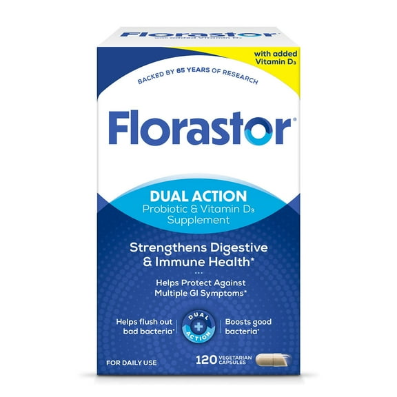 Florastor Dual Action Probiotic and Vitamin D3 Supplement Vegetarian Capsules, 120 ct.