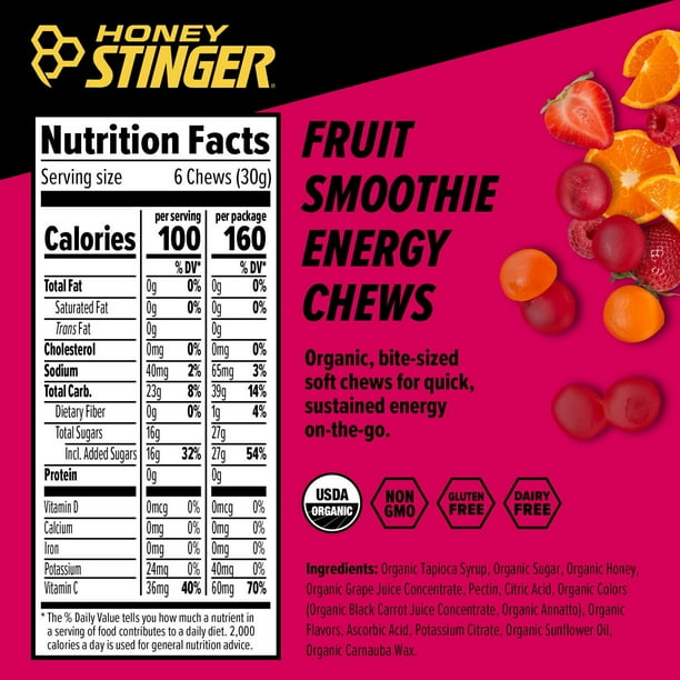 Honey Stinger Organic Energy Chew, Fruit Smoothie, Caffeine Free Healthy  Fruit Snack, 1.8 oz., 12 pk