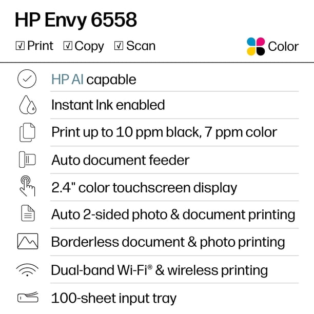 HP Envy 6558 Wireless All-in-One Photo Inkjet Printer, 6 Months