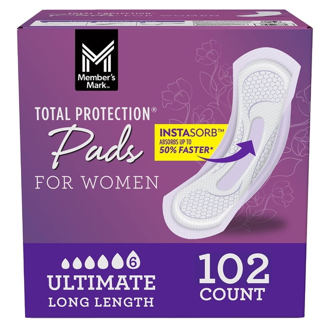 Member's Mark Total Protection Pads for Women, Ultimate Long, 6 Drop, Choose Count
