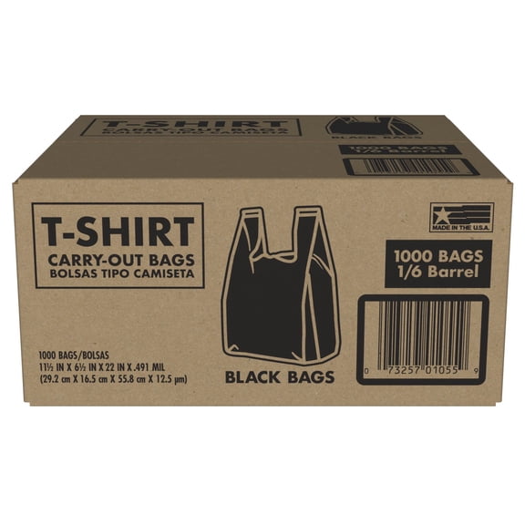 Black T-Shirt Carryout Bags, 11.5" x 6.5" x 22" 1000 ct.
