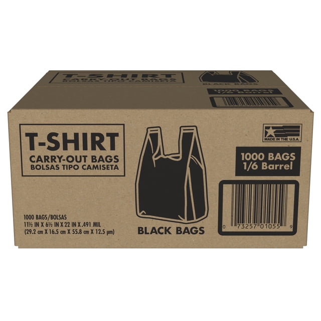 Black T-Shirt Carryout Bags, 11.5" x 6.5" x 22" 1000 ct.