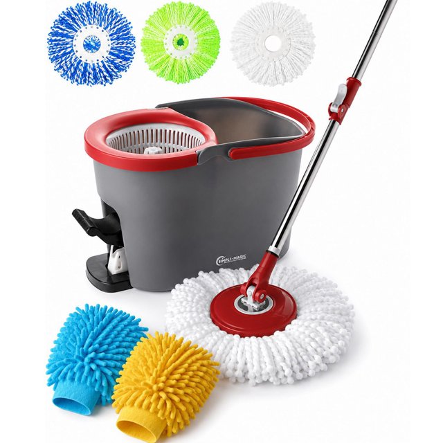 Simpli-Magic Multi Purpose Spin Mop Detailing Bucket System with 3 Microfiber Mop Heads and 2 Chenille Hand Gloves