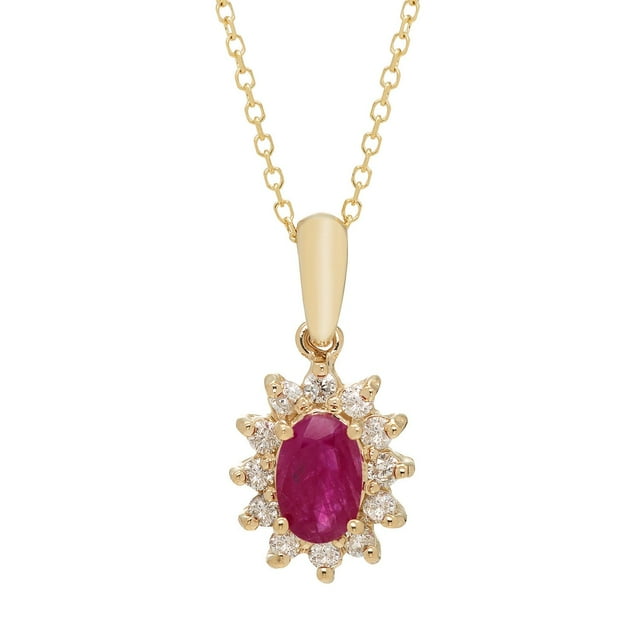 Oval Cut Gemstone & 0.18 CT. T.W. Starburst Pendant Necklace in 14K Gold