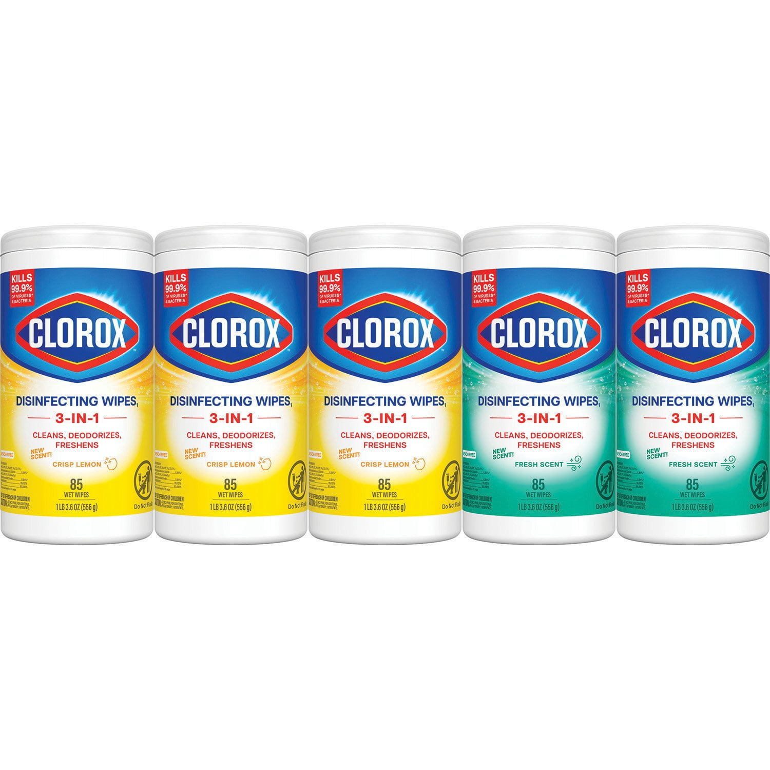 Clorox Disinfecting Wipes, Variety Pack, Fresh Scent and Crisp, 5 pack ct., 425 wipes total