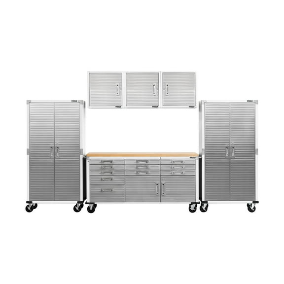 Seville Classics UltraHD 6-Piece Steel Garage Cabinet Storage Set With Rolling Workbench, 12' Wide