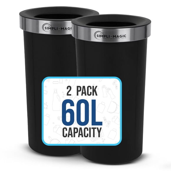 Simpli-Magic 16 Gallon (60L) Open Top Trash Can – Round Commercial Trash Can – Smudge-Resistant, Easy to Clean, Non-Skid Base, Plastic (2 Pack)