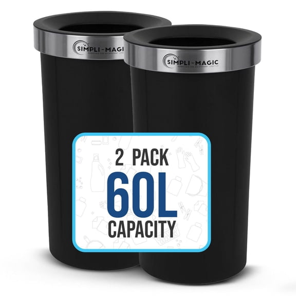 Simpli-Magic 16 Gallon (60L) Open Top Trash Can – Round Commercial Trash Can – Smudge-Resistant, Easy to Clean, Non-Skid Base, Plastic (2 Pack)