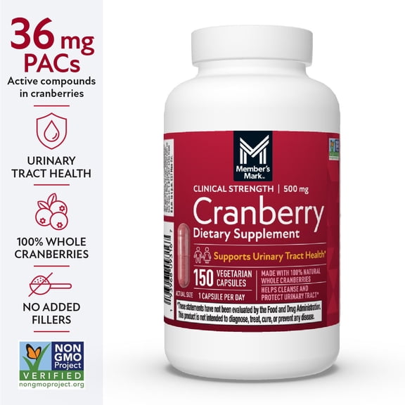 Member's Mark Clinical Strength Cranberry Capsules, 500 mg, 150 ct.