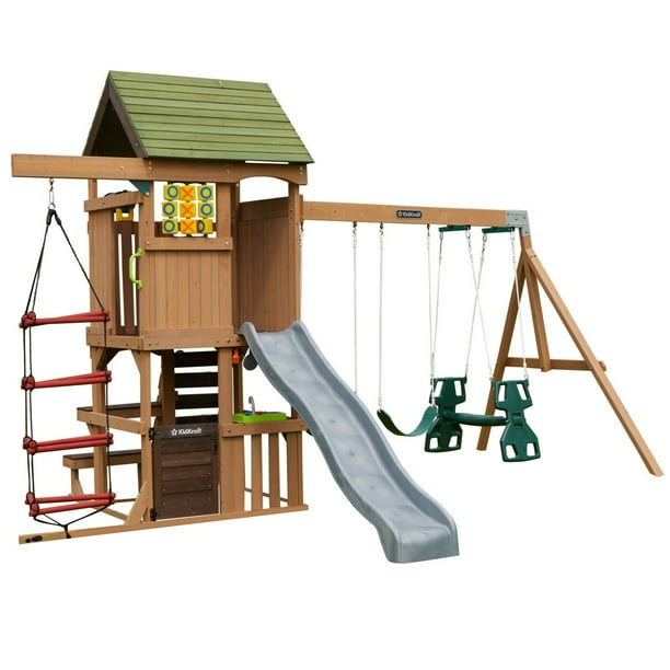 KidKraft Summerside Wooden Outdoor Swing Set with Steeple Climber
