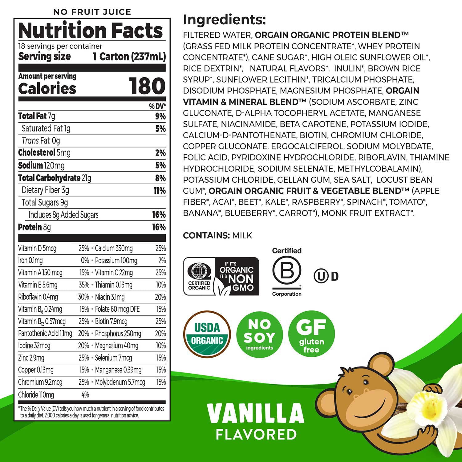 Orgain Kids 8g Protein Organic Nutritional Shake, Vanilla, 8 fl