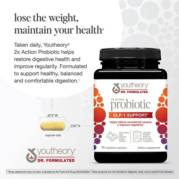 Youtheory 2x Action Probiotic GLP-1 Support Capsules, 75 ct