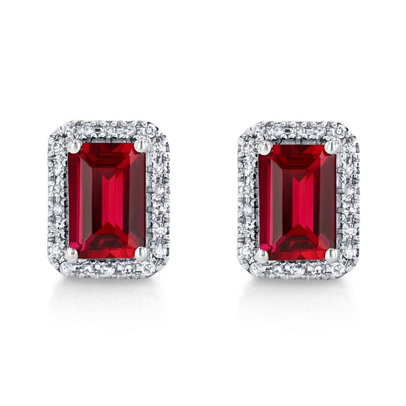 Emerald Cut Lab Created Gemstone & 0.11 CT. T.W. Diamond Stud Earrings in Sterling Silver