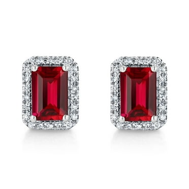 Emerald Cut Lab Created Gemstone & 0.11 CT. T.W. Diamond Stud Earrings in Sterling Silver