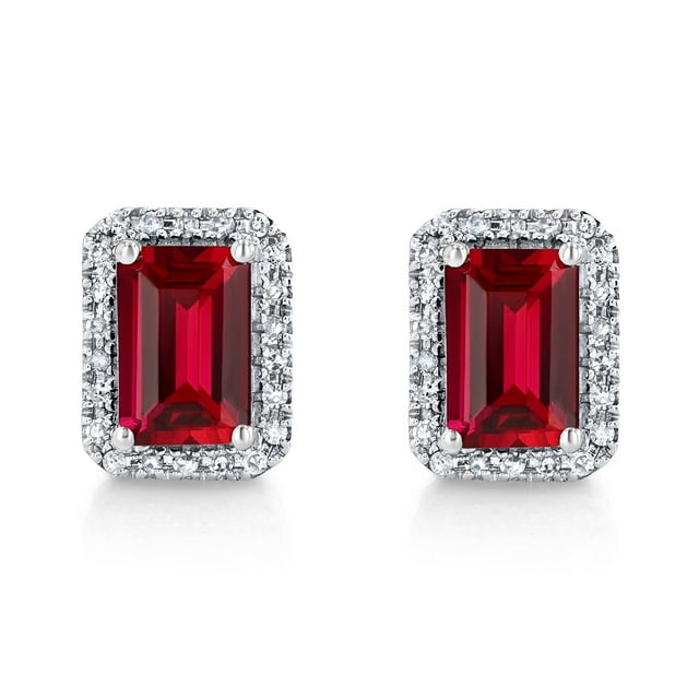 Emerald Cut Lab Created Gemstone & 0.11 CT. T.W. Diamond Stud Earrings in Sterling Silver