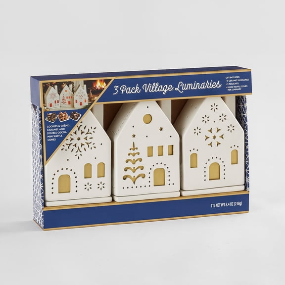 Ceramic Village Luminaries with Treats, 3-Pack