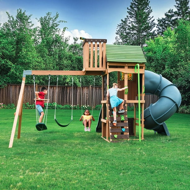 KidKraft Tennyson Twist Wooden Outdoor Swing Set with Surf Swing