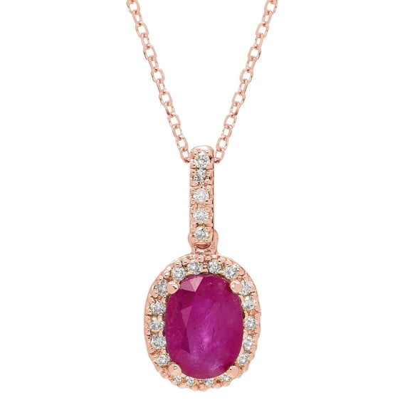 Oval Cut Genuine Gemstone & 0.11 CT. T.W. Diamond Halo Pendant Necklace in 14K Gold