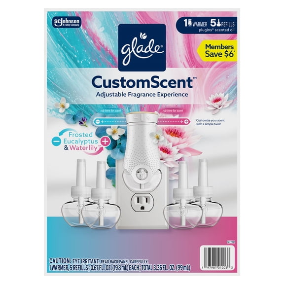 Glade CustomScent PlugIns Scented Oils, Frosted Eucalyptus and Waterlily, 1 Warmer + 5 Refills, Total 3.35 fl. oz./ 99 ml.