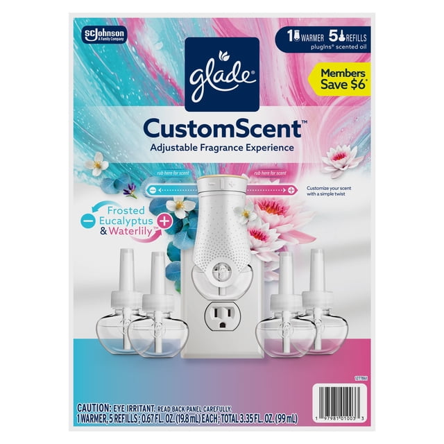 Glade CustomScent PlugIns Scented Oils, Frosted Eucalyptus and Waterlily, 1 Warmer + 5 Refills, Total 3.35 fl. oz./ 99 ml.