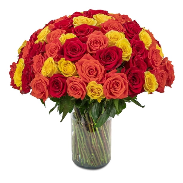 Member's Mark Rose Bouquet + Vase, 100 stems, Sunset Rainbow:- Sunset Rainbow