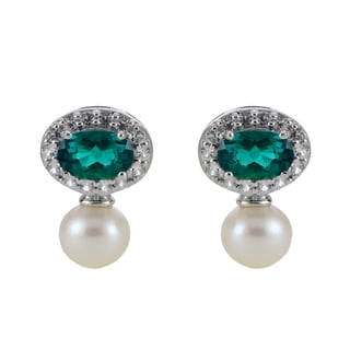 5.5-6mm White Cultured Freshwater Pearl, Aquamarine and Lab Created White Sapphire Earrings in Sterling Silver