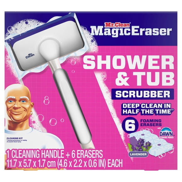 Mr. Clean Magic Eraser Shower & Tub Scrubber Starter Kit, Lavender, 1 Scrubber + 6 Erasers