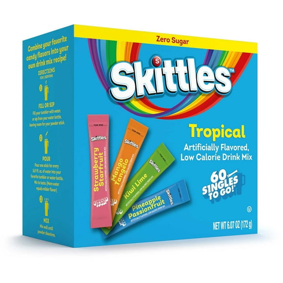 Skittles Zero Sugar Tropical Powdered Drink Mix Variety Pack, 60 pk.
