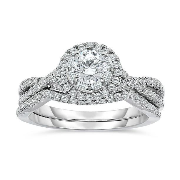 Round Cut Halo Diamond Ring Band Set in 14K Gold