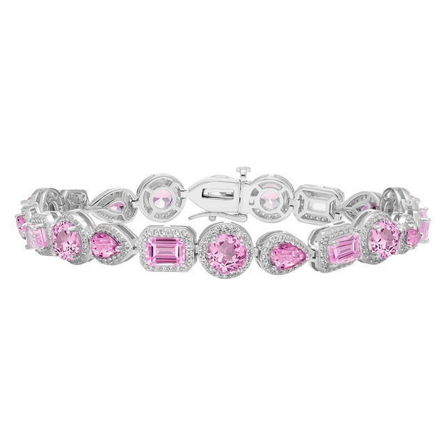 Multi-Cut Gemstone Halo Tennis Bracelet in Sterling Silver