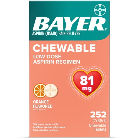 Bayer Chewable Aspirin Regimen Low Dose Pain Reliever Tablets, 81mg, Orange, 252 ct.