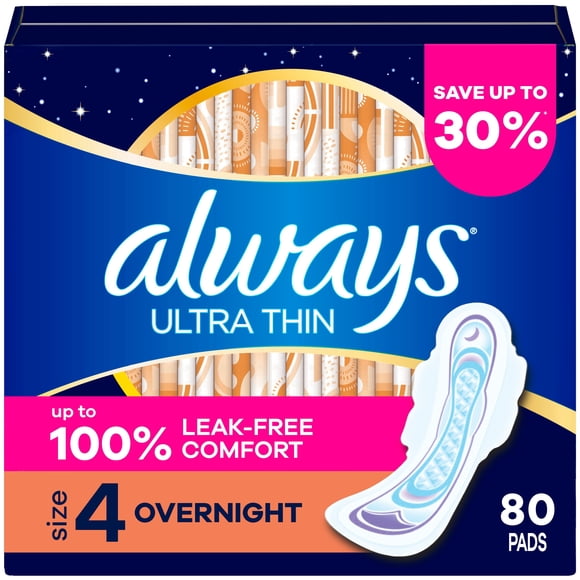 Always Ultra Thin Overnight Pads with Wings, Size 4, 80 ct.