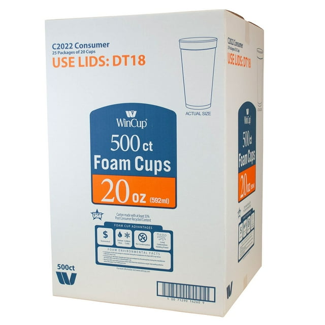 WinCup Foam Drink Cups, White, Choose Size