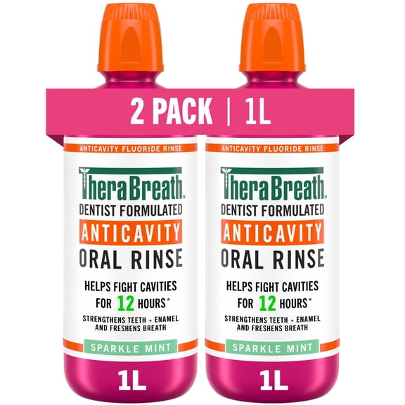 TheraBreath Anticavity Fluoride Oral Rinse Mouthwash, Alcohol-Free, Sparkle Mint, 1L., 2 pk.