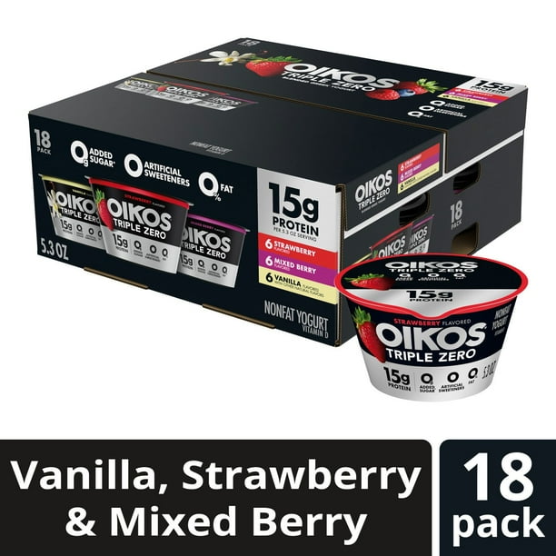 Oikos Triple Zero Nonfat Blended Greek Yogurt Variety Pack, 5.3 oz., 18 ct.