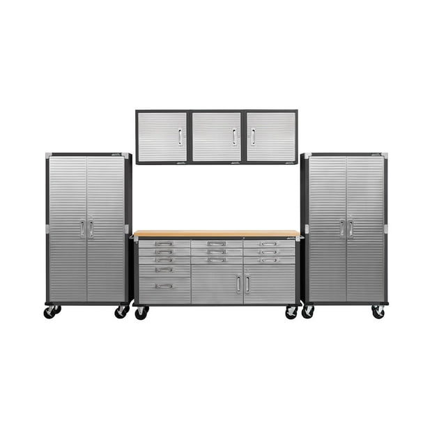 Seville Classics UltraHD 6-Piece Steel Garage Cabinet Storage Set With Rolling Workbench, 12' Wide