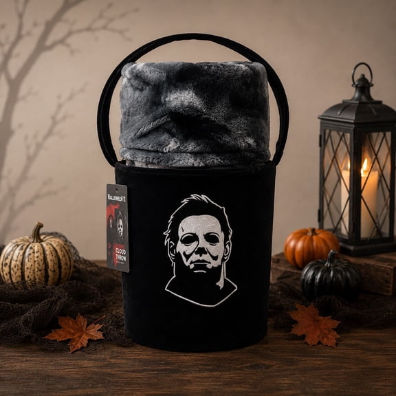 Scary Movie Halloween Cloud Throw and Reusable Embroidered Fabric Bucket Set, 60" x 70"