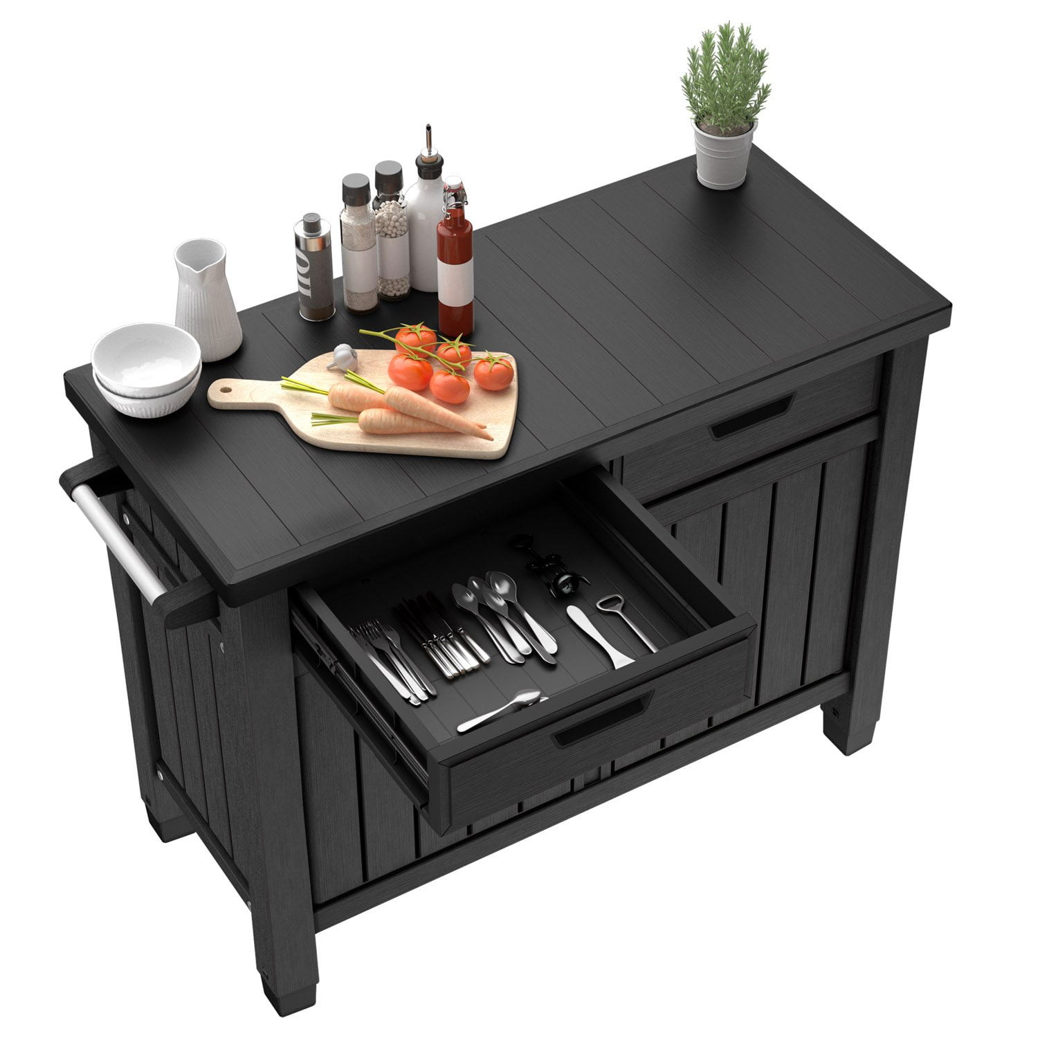 Keter Outdoor Grill Table, Buffet, Entertainment and Storage Cabinet w/ Drawers, Graphite Gray