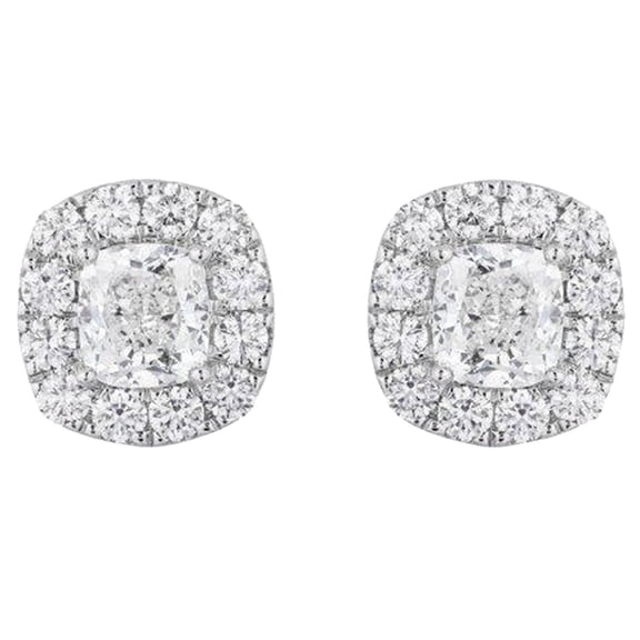 3.00 CT. T.W. Cushion Cut Halo Diamond Stud Earrings in 18K Gold