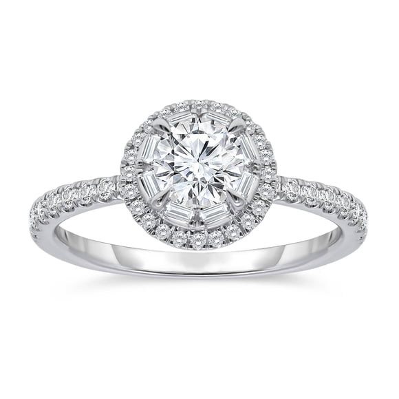0.95 CT.T.W. Round & Baguette Diamond Bridal Ring in 14K White Gold