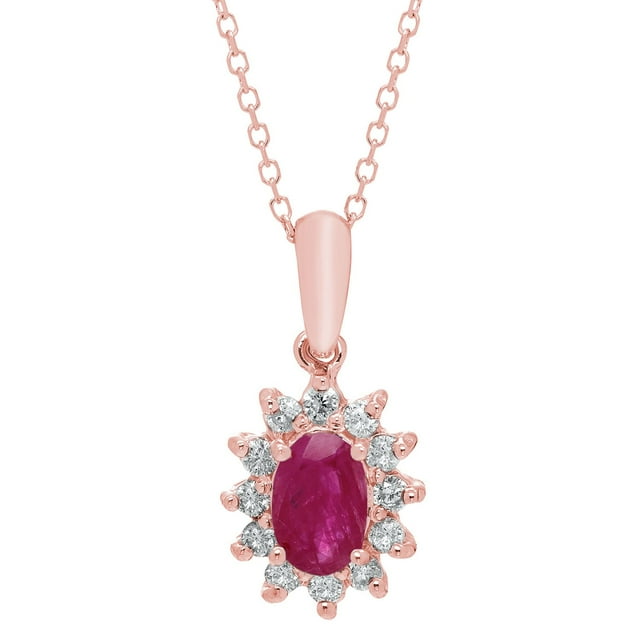 Oval Cut Gemstone & 0.18 CT. T.W. Starburst Pendant Necklace in 14K Gold