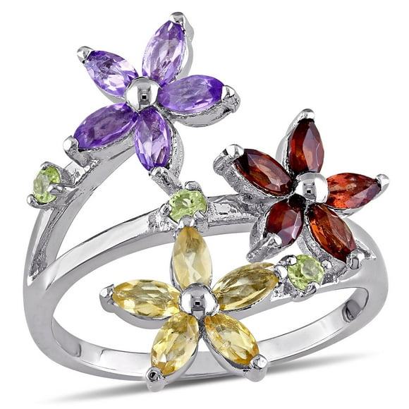 Marquise Cut Multi-Gemstone Flower Ring in Sterling Silver