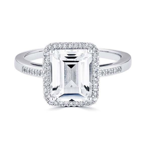 Emerald Cut Gemstone & 0.14 CT. T.W. Halo Diamond Ring in Sterling Silver