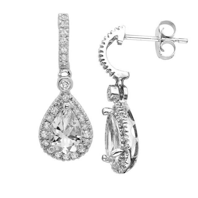 Pear Cut Gemstone & Halo Diamond Tear Drop Dangle Earrings in 14K Gold