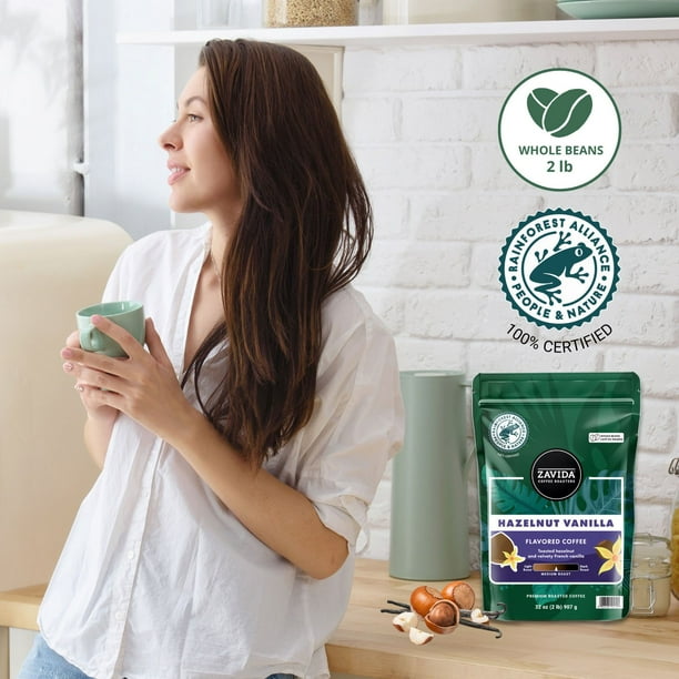 Zavida Coffee Whole Bean Coffee, Hazelnut Vanilla, 32 oz